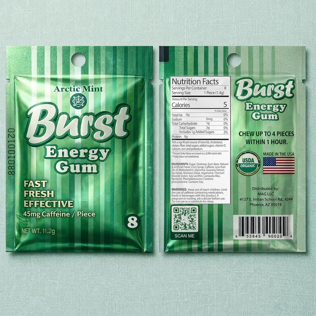 Burst Energy Gum - 45mg Caffeine Per Piece | Focus & Energy Burst | Extra Strength in Functional Gum | Arctic Mint Flavor | Pre-Workout, Long Days & Nootropic | 12 Boxes of 15 Packs of 8 (1440 Pieces)