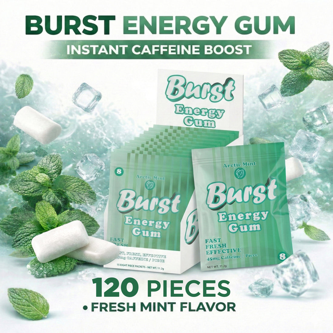 Burst Energy Gum - 45mg Caffeine Per Piece | Focus & Energy Burst | Extra Strength in Functional Gum | Arctic Mint Flavor | Pre-Workout, Long Days & Nootropic | 15 Packs of 8 (120 Pieces)