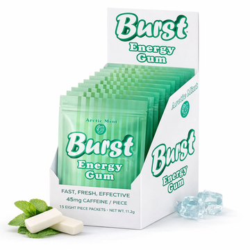 Burst Energy Gum - 45mg Caffeine Per Piece | Focus & Energy Burst | Extra Strength in Functional Gum | Arctic Mint Flavor | Pre-Workout, Long Days & Nootropic | 15 Packs of 8 (120 Pieces)